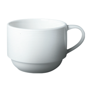 Cameo China Royalmont stackable ceramic coffee cups in 3.5 oz and 8 oz sizes for restaurant beverage service.