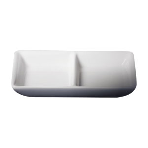 Cameo China 2-divided rectangular ceramic dish, available in multiple sizes, for restaurant service.