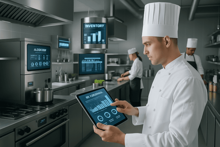 Chef using tablet for AI-powered kitchen management with digital inventory displays in professional kitchen